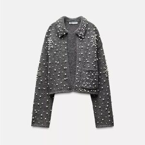 Zara Gray Pearl-Studded Sweater